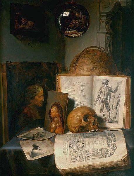 simon luttichuys Vanitas still life with skull, books, prints and paintings oil painting picture